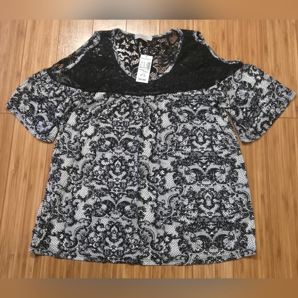 NWT Roz & Ali Lace Cold-Shoulder Print Top - Black & White